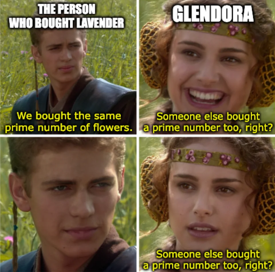 Anakin and Padme 4-panel meme: In the first panel, top text has “THE PERSON WHO BOUGHT LAVENDER” and bottom text has “We bought the same prime number of flowers.” In the second panel, top text has “GLENDORA” and bottom text has “Someone else bought a prime number too, right?” In the fourth panel, bottom text has “Someone else bought a prime number too, right?”