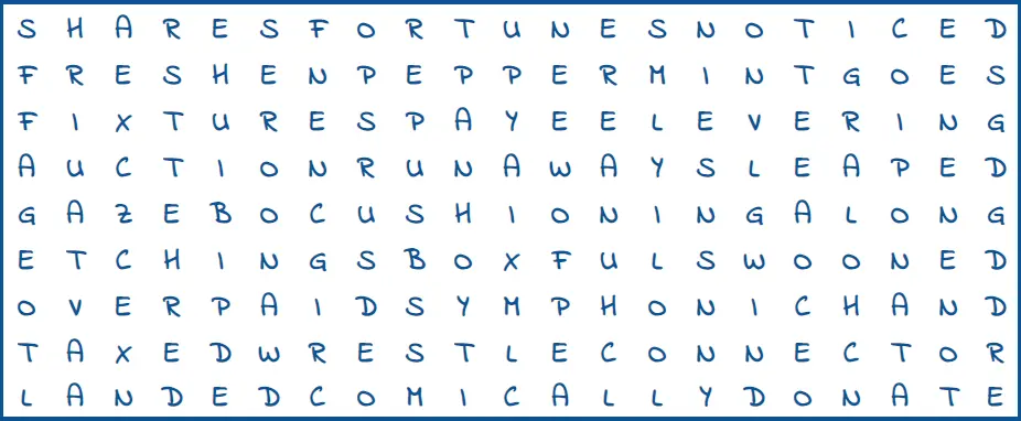 21x9 word search. Use copy-to-clipboard to get a Sheets-friendly version.