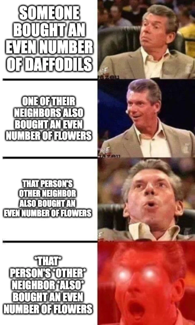 Vince McMahon reaction with glowing eyes 4-panel meme: First panel says “SOMEONE BOUGHT AN EVEN NUMBER OF DAFFODILS”. Second panel says “ONE OF THEIR NEIGHBORS ALSO BOUGHT AN EVEN NUMBER OF FLOWERS”. Third panel says “THAT PERSON’S OTHER NEIGHBOR ALSO BOUGHT AN EVEN NUMBER OF FLOWERS”. Fourth panel says “*THAT* PERSON’S *OTHER* NEIGHBOR *ALSO* BOUGHT AN EVEN NUMBER OF FLOWERS”.
